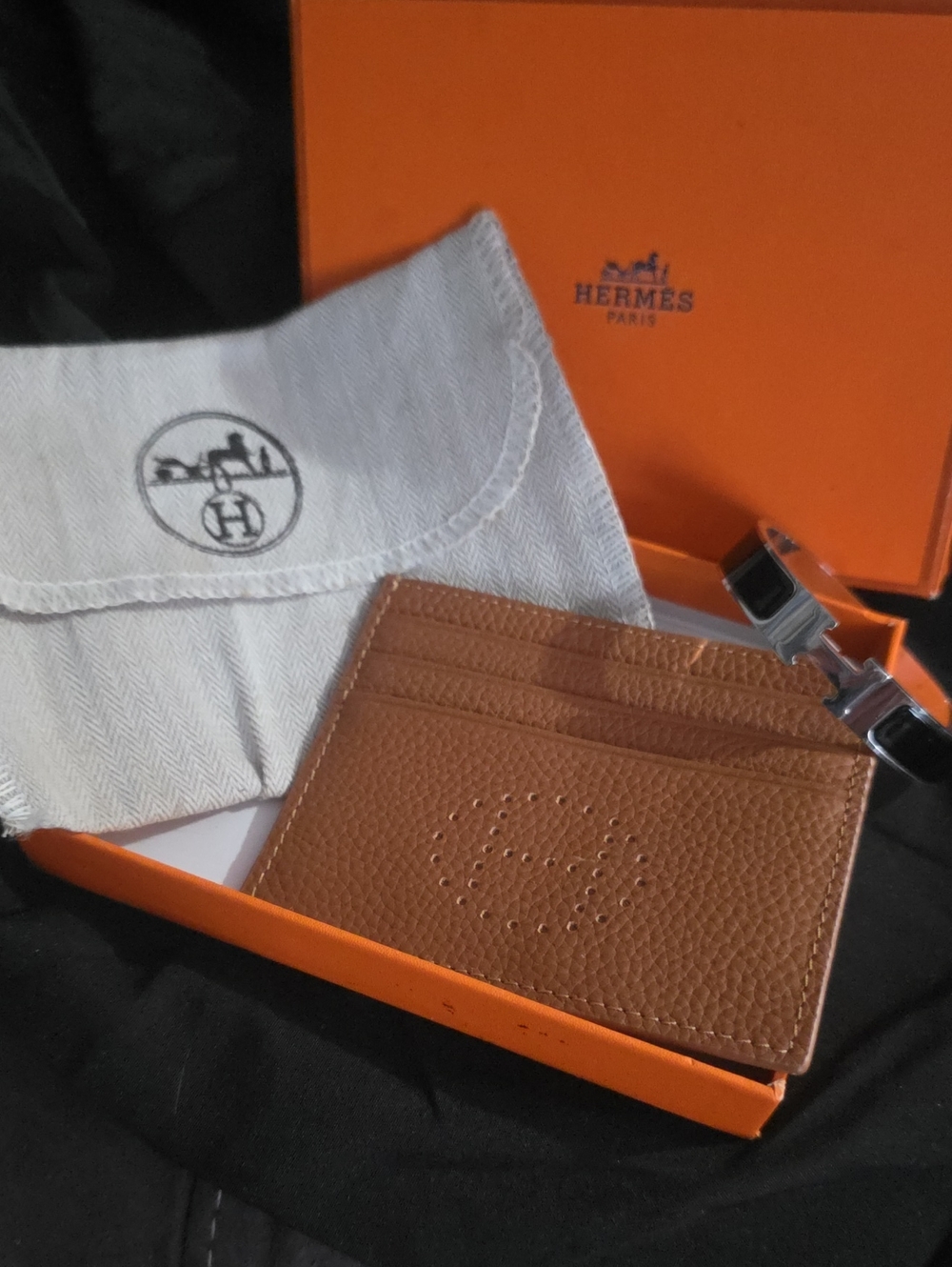 Hermes Leather Card Holder Perforated Logo W/duster And Stamped HERMES bracelet